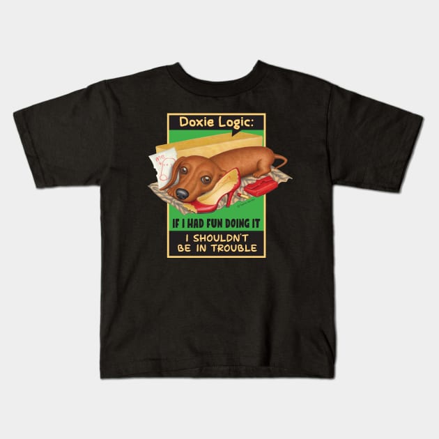 Dachshund with chewed items Kids T-Shirt by Danny Gordon Art